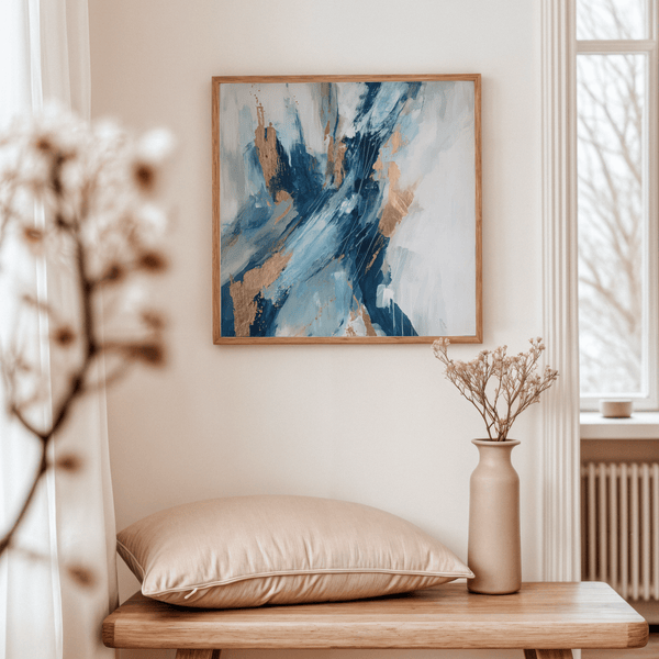 Blue Abstract Wall Art, rich Blue and Gold brushwork, office or study wall art