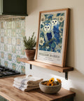 Vintage Owl Print showing woodland birds among ivory and indigo florals.