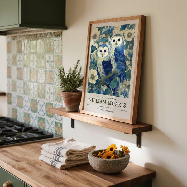 Vintage Owl Print showing woodland birds among ivory and indigo florals.