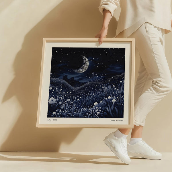 Dotted dreamscape with glowing moon in Kusama-inspired artwork