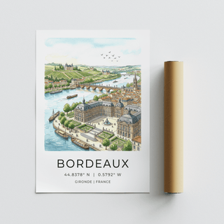 Birds-over-city Bordeaux City Art poster print with river, bridge, and hillside chateaux beyond