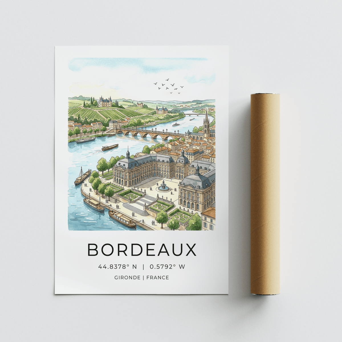 Birds-over-city Bordeaux City Art poster print with river, bridge, and hillside chateaux beyond