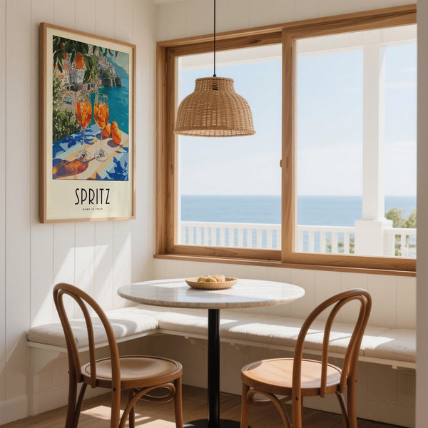 Retro Italian art print with orange cocktails and striped tablecloth