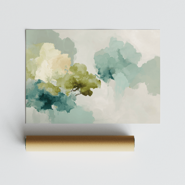 Calm Abstract Tree Art Print with Green, Beige, and White for entryway style