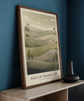 Rolling fairways wall art print with dotted trajectory line and trees in Green, Beige, Gray
