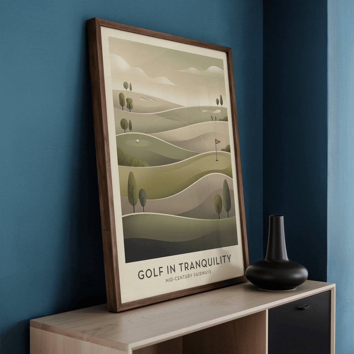Rolling fairways wall art print with dotted trajectory line and trees in Green, Beige, Gray