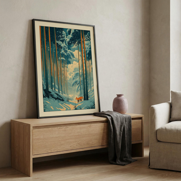 Japanese fox woodblock print showing lone fox on snow path among bamboo