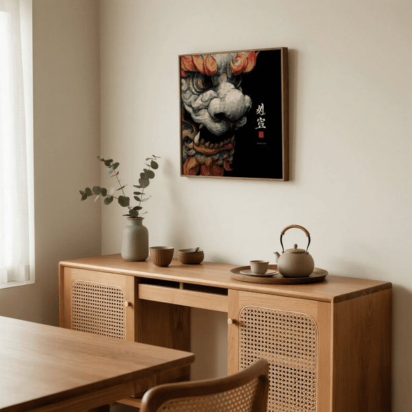 Shisa Print gray tones art print for bedroom decor