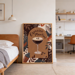 Illustrated cocktail poster with espresso martini glass, leafy sprigs, and coffee beans