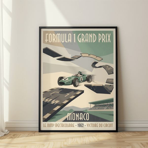 Graphic motorsport print showing a green open-wheel car jumping over track panels