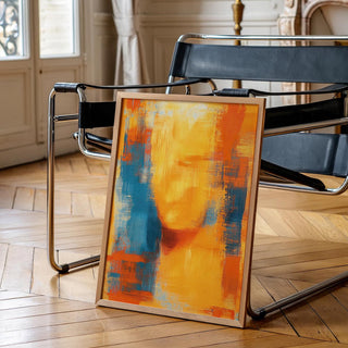 Abstract artwork with blue and orange shades creating a soft, emotive facial outline.