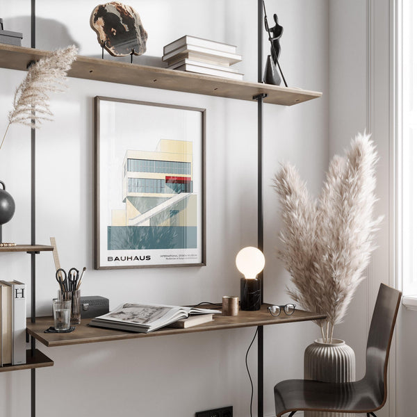 Geometric mid century modern art showcasing flat color blocks and clean design.