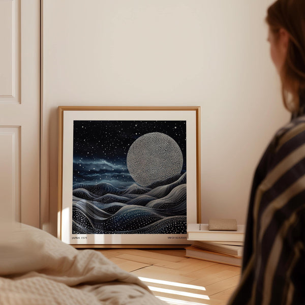 Square-format unique wall art for bedroom in deep blue celestial tones