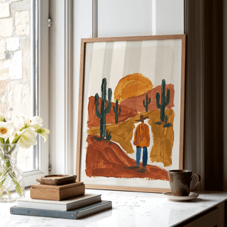 Desert Landscape Art Print with earthy Brown hills and Blue shadows suitable for a study