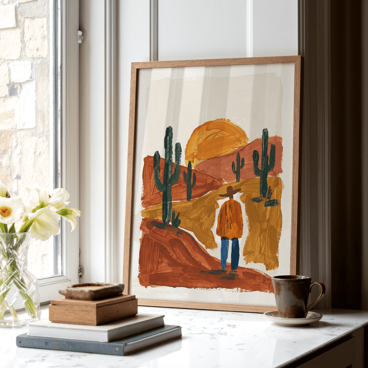 Desert Landscape Art Print with earthy Brown hills and Blue shadows suitable for a study