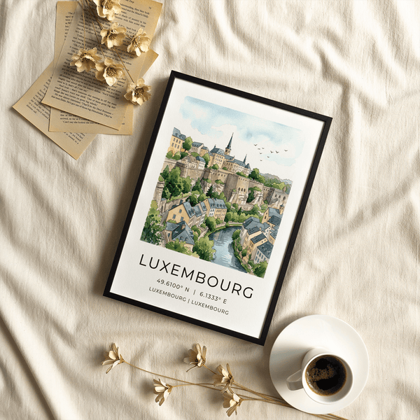 Illustrated travel poster showing houses by a winding river in Luxembourg