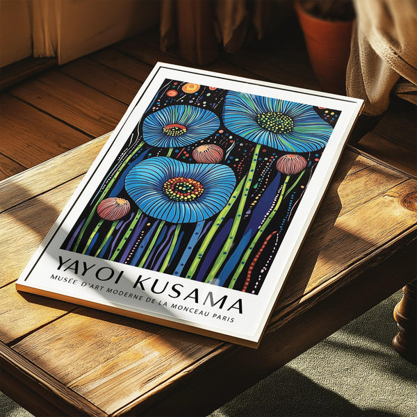 Abstract Wall Art Floral featuring blue petals and red rounded buds.