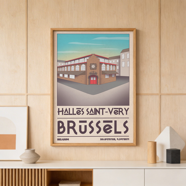 Bold Brussels Architecture Art Print showing Halles Saint-Very with arched windows and clock