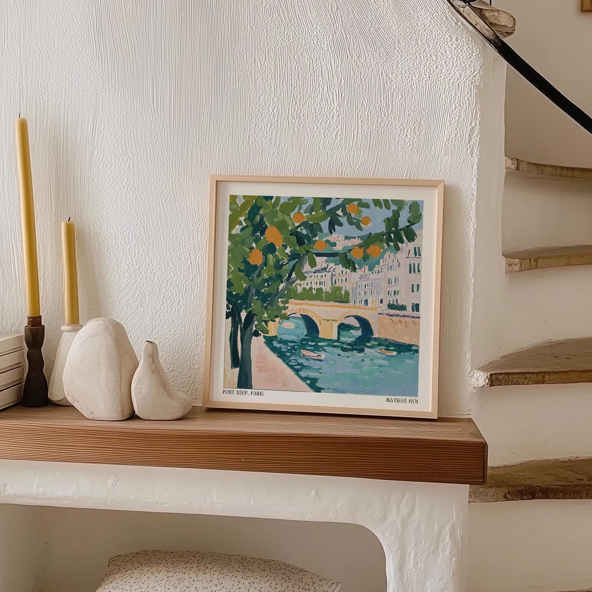 Paris river scene with boats and bridge captured in expressive brushwork.