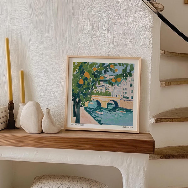 Paris river scene with boats and bridge captured in expressive brushwork.