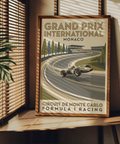 Circuit de Monte Carlo motorsport poster print showing an open-wheel race car drifting through a wide bend