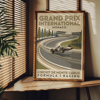 Circuit de Monte Carlo motorsport poster print showing an open-wheel race car drifting through a wide bend