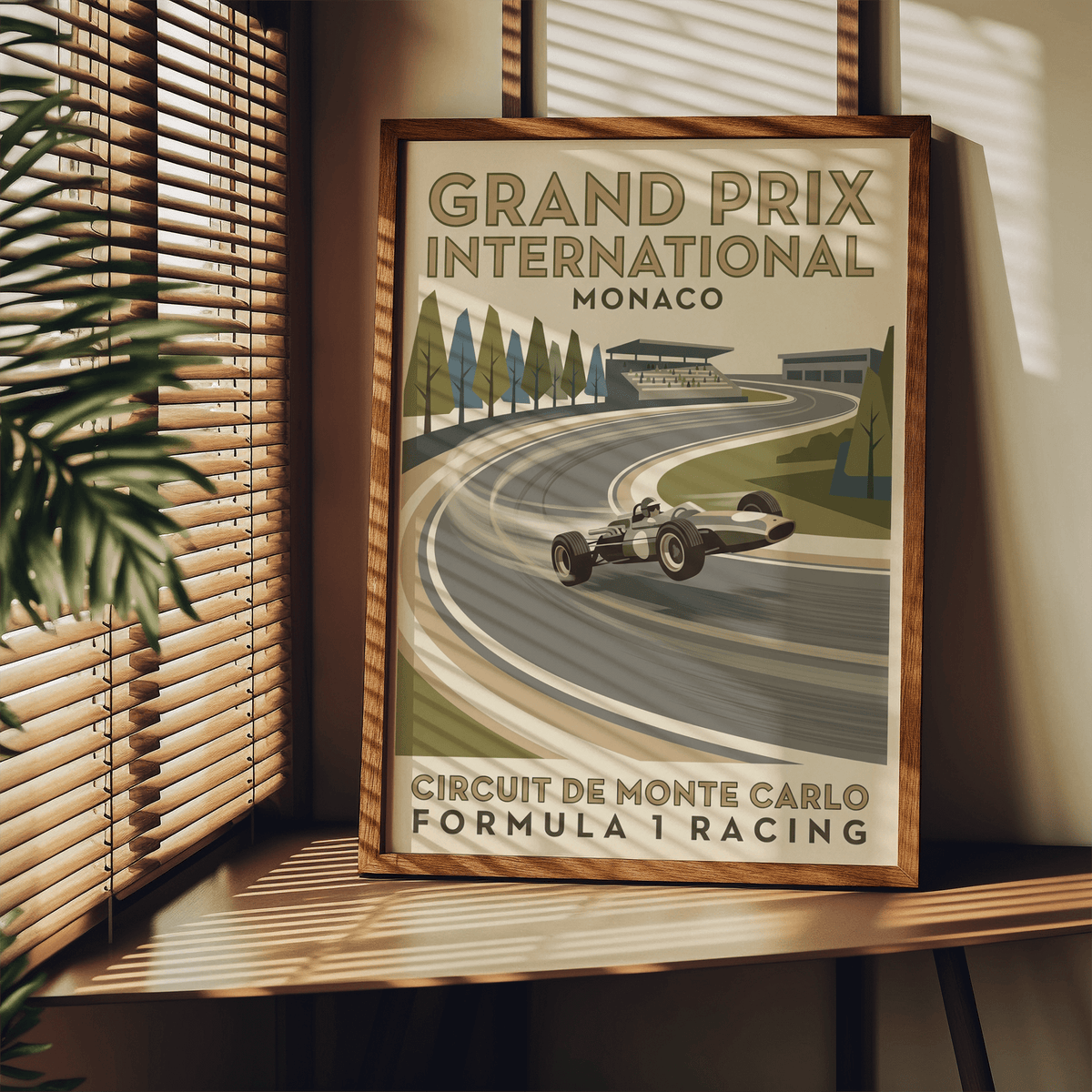Circuit de Monte Carlo motorsport poster print showing an open-wheel race car drifting through a wide bend