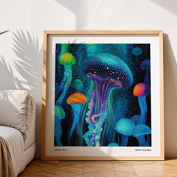 Ethereal ocean-themed jellyfish print for sophisticated bedroom decor