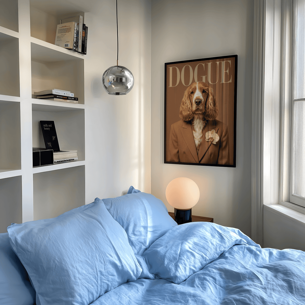 Modern Dog Print wall decor for bedroom in beige and brown hues