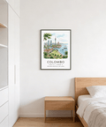 Coordinates text travel poster reading Colombo with illustrated skyline and harbor boats