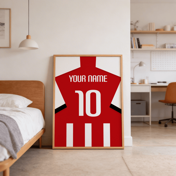 Red striped kit-style wall art poster with sleeve bands and centered number
