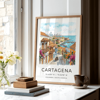 Perspective street-scene wall art print with colonial buildings, flowers, and Cartagena harbor view