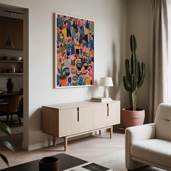 Artwork from Mexico featuring handmade dishes, vibrant clothes, and pottery.