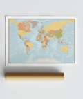 Classic World Map Print suitable for living room with Yellow and Green palette