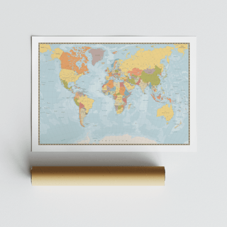 Classic World Map Print suitable for living room with Yellow and Green palette