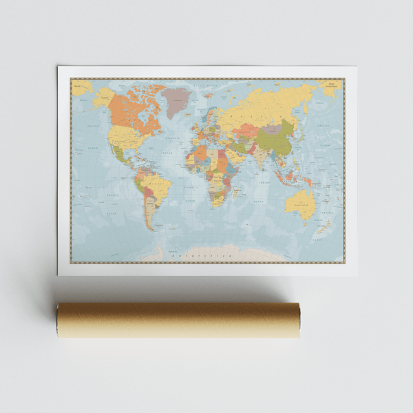 Classic World Map Print suitable for living room with Yellow and Green palette