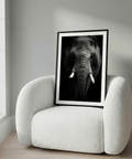 Close-up elephant wall art print with trunk centered and dark background
