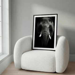 Close-up elephant wall art print with trunk centered and dark background