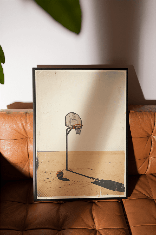 Basketball Hoop Art Print with vintage grain and hanging net detail