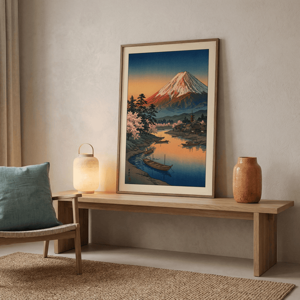Mount Fuji Sunset Poster wide view featuring village rooftops