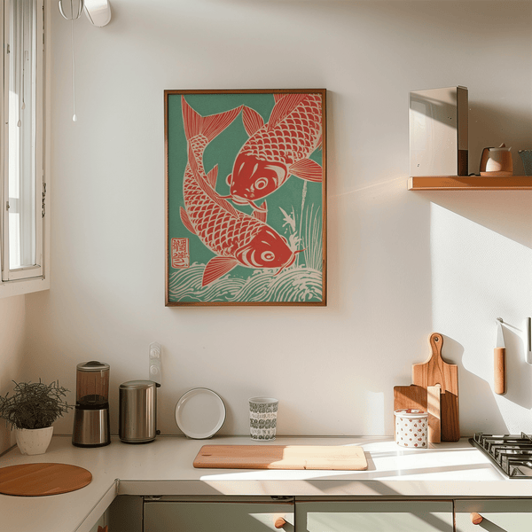 Red Koi Art decor, green and red, suited for meditation space