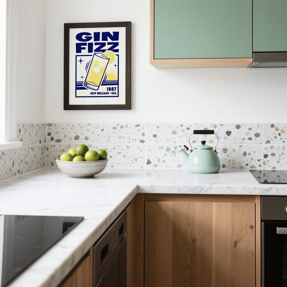 Art print of Vintage Gin Fizz Print, Blue/Yellow, ideal for lounge