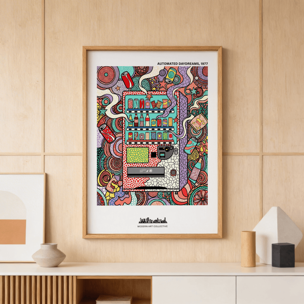 Centered Vending Machine Art Print showing snack shelves and drink cans in graphic style