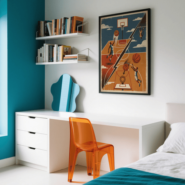 Basketball Art Print depicting stylized athletes, hoops, and a split-screen layout