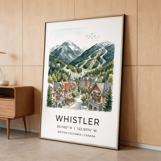 Detailed Whistler Mountain Print poster featuring ski runs on the hillside and gondola cabins ascending