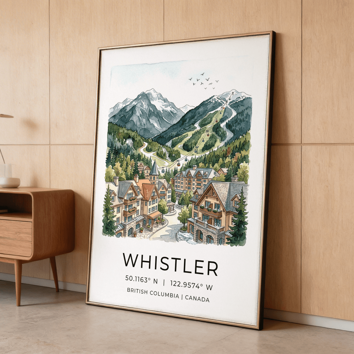 Detailed Whistler Mountain Print poster featuring ski runs on the hillside and gondola cabins ascending