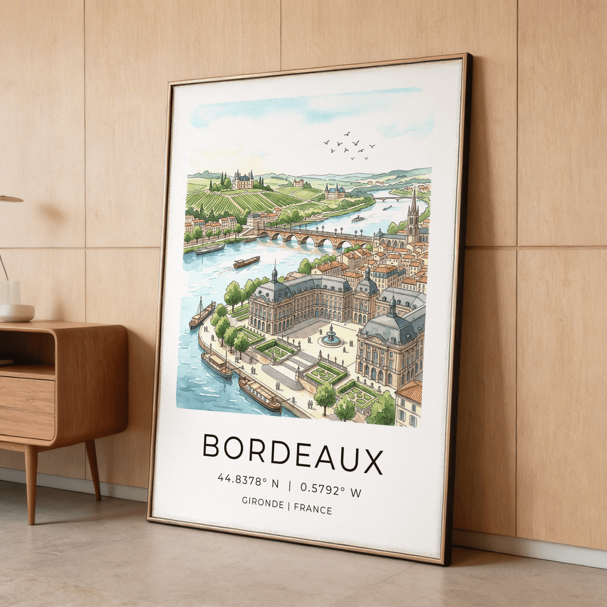Watercolor-style Bordeaux City Art print featuring Bordeaux skyline, riverboats, and vineyard landscape