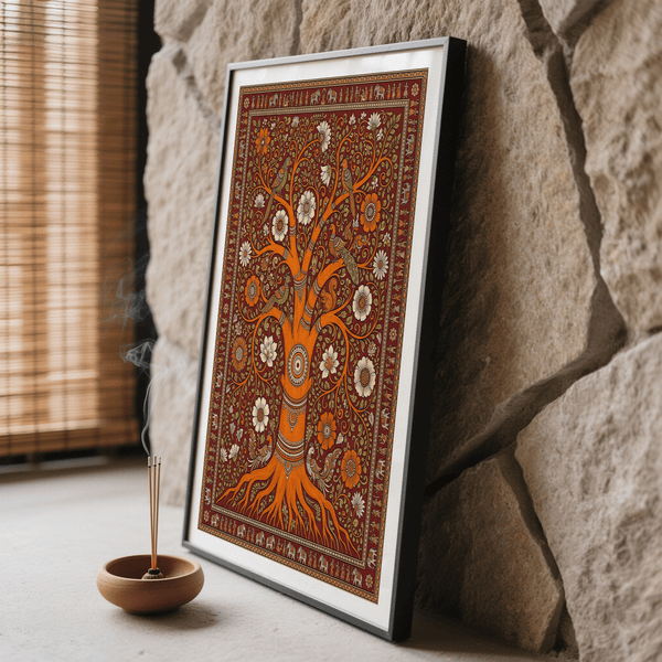 Decorative tree wall art print with circular trunk motif and blossoms