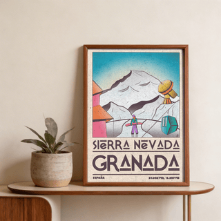 Snowboarder carving foreground slope on Sierra Nevada Art Print poster