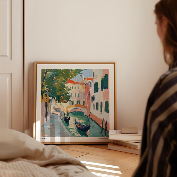 Painterly Venice Wall Art showing classic gondolas framed by historic architecture.